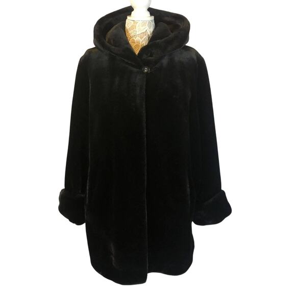 Pamela McCoy Tiger Mills black faux fur hooded coat one button close size medium - Picture 1 of 12